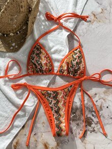 SHEIN Swim 两件式泳衣，撞色花卉亮片纹理挂脖三角胸罩上衣和侧系带泳裤性感比基尼套装，女士，春夏款 - 彩色 - 查看 4