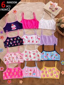 SHEIN Genkimix Kids 6件隨機混色可愛甜點甜甜圈女孩冰淇淋蛋糕印花舒適細肩帶背心上衣，適合女學生，藍色、亮粉色、白色、紫色、海軍藍 - 彩色 - 查看 2