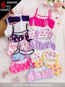 SHEIN Genkimix Kids 6件隨機混色可愛甜點甜甜圈女孩冰淇淋蛋糕印花舒適細肩帶背心上衣，適合女學生，藍色、亮粉色、白色、紫色、海軍藍 - 彩色 - 查看 3