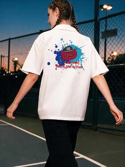Fuggler | Fanslatte Character Print Women's Blouse Short Sleeve Loose Fit White