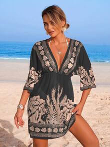 SHEIN Swim 女士沙滩装夏季网纱印花V领修身腰身优雅度假连衣裙罩衫 - 黑色 - 查看 5