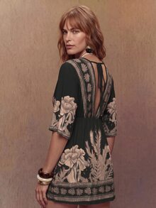 SHEIN Swim 女士沙滩装夏季网纱印花V领修身腰身优雅度假连衣裙罩衫 - 黑色 - 查看 7