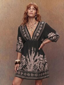 SHEIN Swim 女士沙滩装夏季网纱印花V领修身腰身优雅度假连衣裙罩衫 - 黑色 - 查看 2