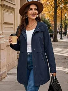 EMERY ROSE Plus Size Women's Solid Color Long Sleeve Single Breasted Casual Hooded Trench Coat Jacket Fall - Navy Blue - View 2