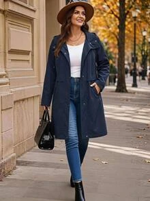 EMERY ROSE Plus Size Women's Solid Color Long Sleeve Single Breasted Casual Hooded Trench Coat Jacket Fall - Navy Blue - View 3