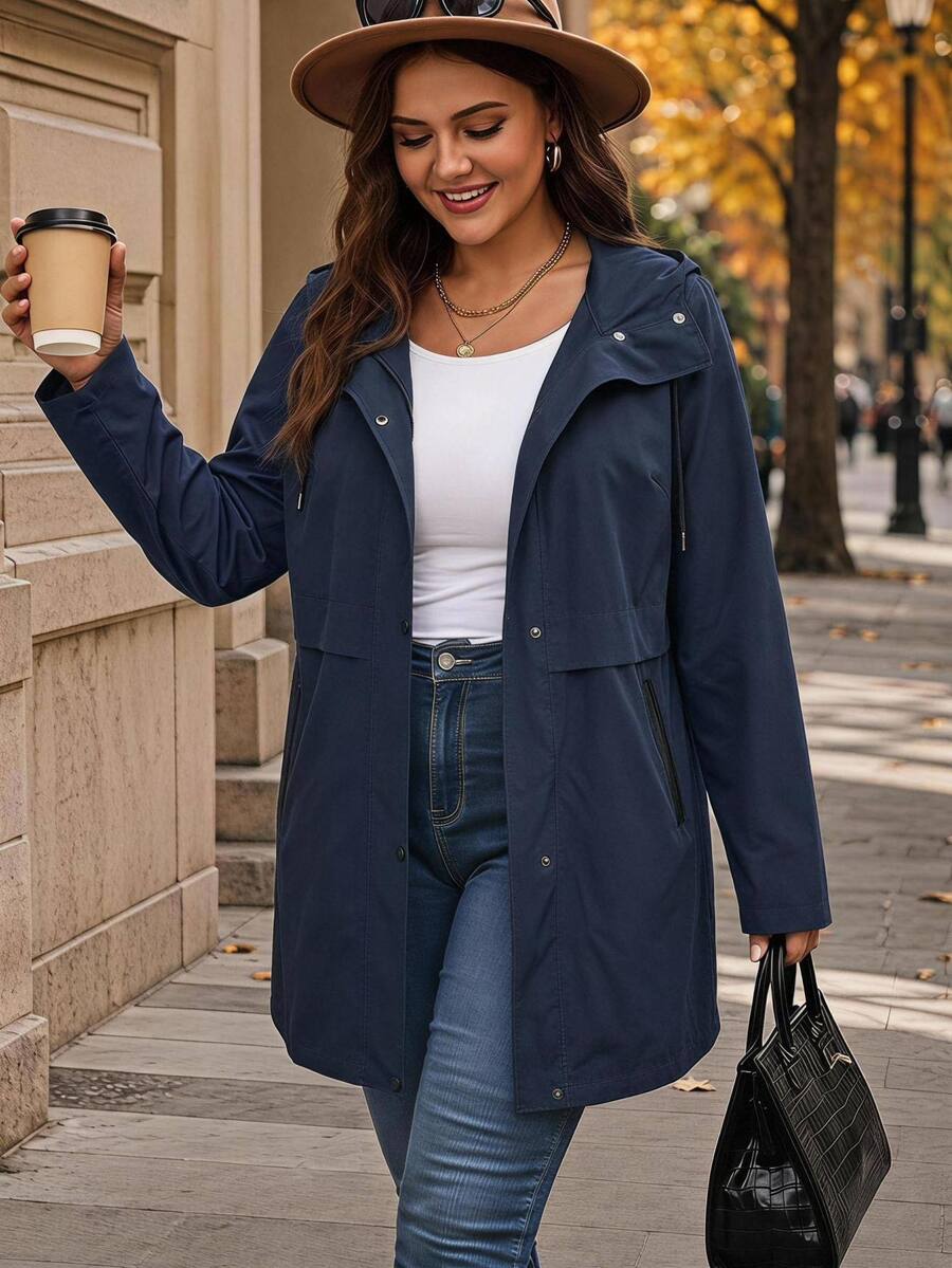 EMERY ROSE Plus Size Women's Solid Color Long Sleeve Single Breasted Casual Hooded Trench Coat Jacket Fall - Navy Blue - View 1
