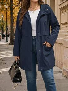 EMERY ROSE Plus Size Women's Solid Color Long Sleeve Single Breasted Casual Hooded Trench Coat Jacket Fall - Navy Blue - View 4