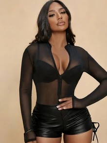 SHEIN SXY Bodysuit Jala Seksi Lengan Panjang Warna Polos untuk Wanita Ukuran Besar - Hitam - View 2