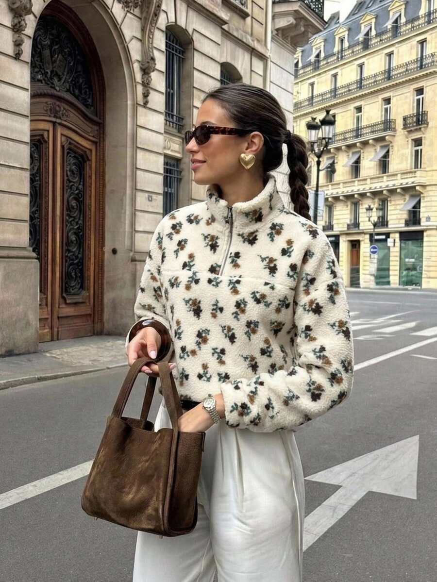 Livesso Women's Beige Hooded Drawstring Long Sleeve Loose Solid Color Front Pocket Casual Pullover Sweatshirt, Autumn/Winter - Beige - View 1
