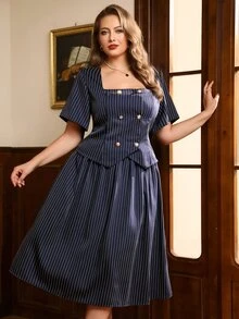 Auvina Plus Size Women Spring/Summer Commute Elegant Square Neck Striped Ruffle Sleeve Fitted Double-Breasted Decorative Button Shirt With Matching A-Line Dress 2-Piece Set, Fashionable And Elegant, Suitable For Daily Commute Wear - Blue - View 8