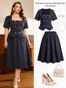 Auvina Plus Size Women Spring/Summer Commute Elegant Square Neck Striped Ruffle Sleeve Fitted Double-Breasted Decorative Button Shirt With Matching A-Line Dress 2-Piece Set, Fashionable And Elegant, Suitable For Daily Commute Wear - Blue - View 4