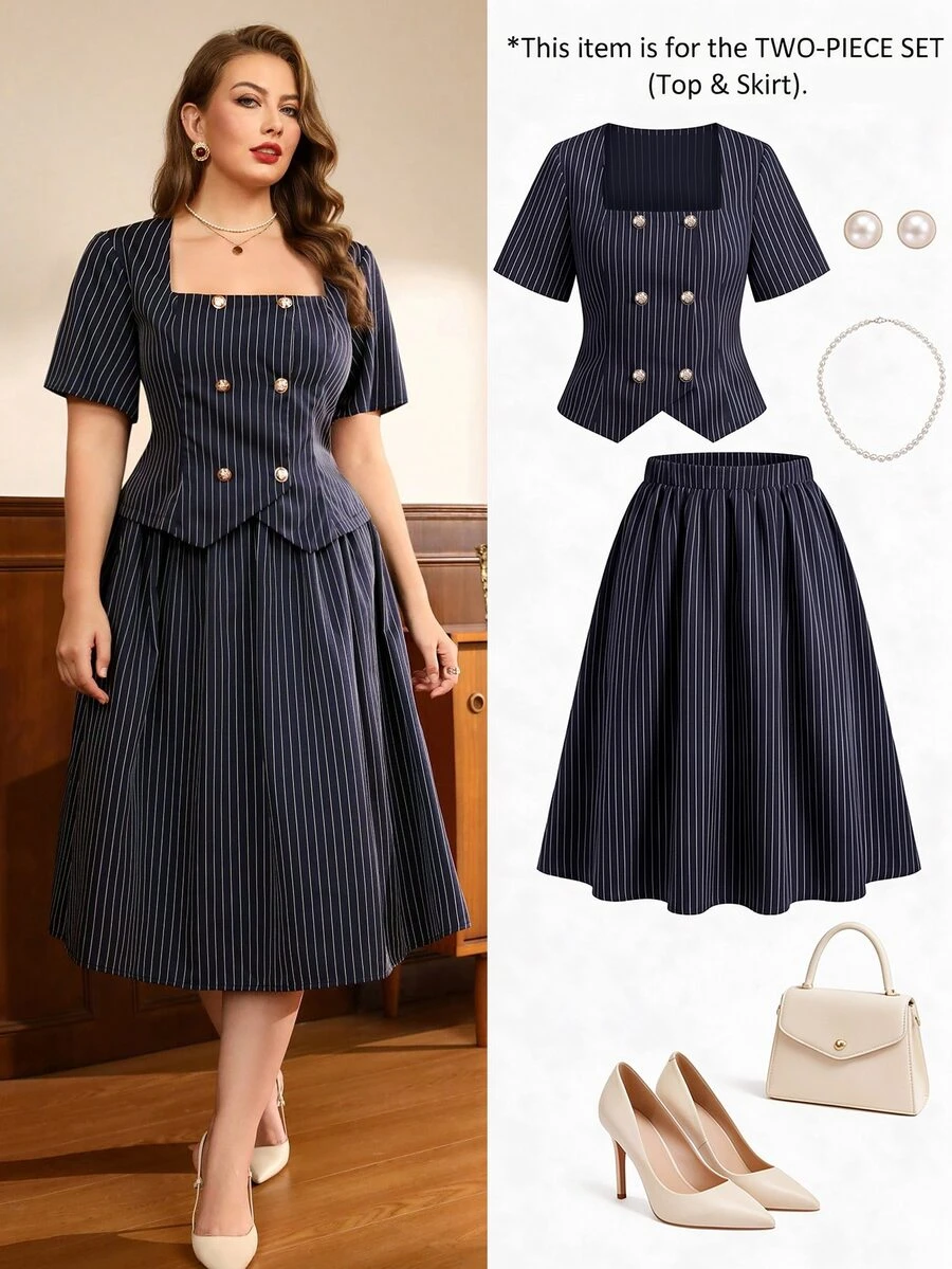 Auvina Setelan 2 Potong Wanita Ukuran Plus Musim Semi/Panas, Elegan, Berkerah Persegi, Bergaris, Lengan Berkerut, Pas Badan, Kancing Ganda Dekoratif, Dipadukan dengan Gaun A-Line yang Serasi, Modis dan Elegan, Cocok untuk Pakaian Sehari-hari