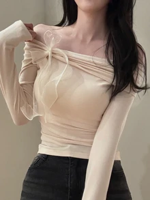 DAZY 純色修身露肩長袖蝴蝶結休閒度假優雅韓風春秋女款T恤 - 杏色 - 查看 9