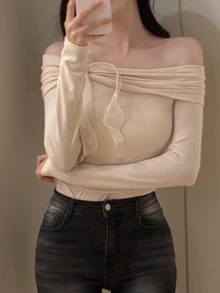 DAZY 純色修身露肩長袖蝴蝶結休閒度假優雅韓風春秋女款T恤 - 杏色 - 查看 7