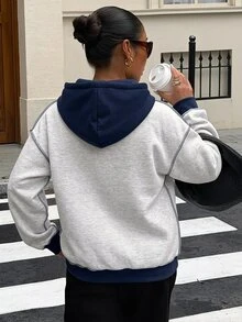 Livesso Women's Street Fashion Long Sleeve Hooded Colorblock Sweatshirt Autumn Everyday Travel Light Grey Casual - Grey - View 2