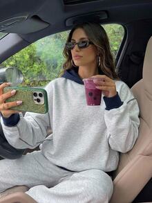 Livesso Women's Street Fashion Long Sleeve Hooded Colorblock Sweatshirt Autumn Everyday Travel Light Grey Casual - Grey - View 1