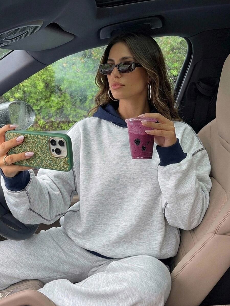 Livesso Women's Street Fashion Long Sleeve Hooded Colorblock Sweatshirt Autumn Everyday Travel Light Grey Casual - Grey - View 1