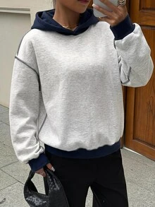 Livesso Women's Street Fashion Long Sleeve Hooded Colorblock Sweatshirt Autumn Everyday Travel Light Grey Casual - Grey - View 5