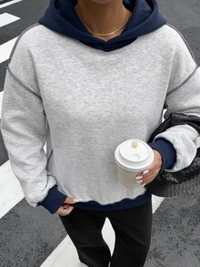 Livesso Women's Street Fashion Long Sleeve Hooded Colorblock Sweatshirt Autumn Everyday Travel Light Grey Casual - Grey - View 6