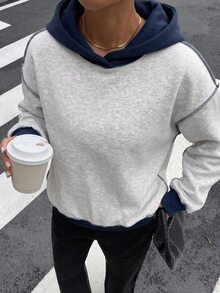 Livesso Women's Street Fashion Long Sleeve Hooded Colorblock Sweatshirt Autumn Everyday Travel Light Grey Casual - Grey - View 4