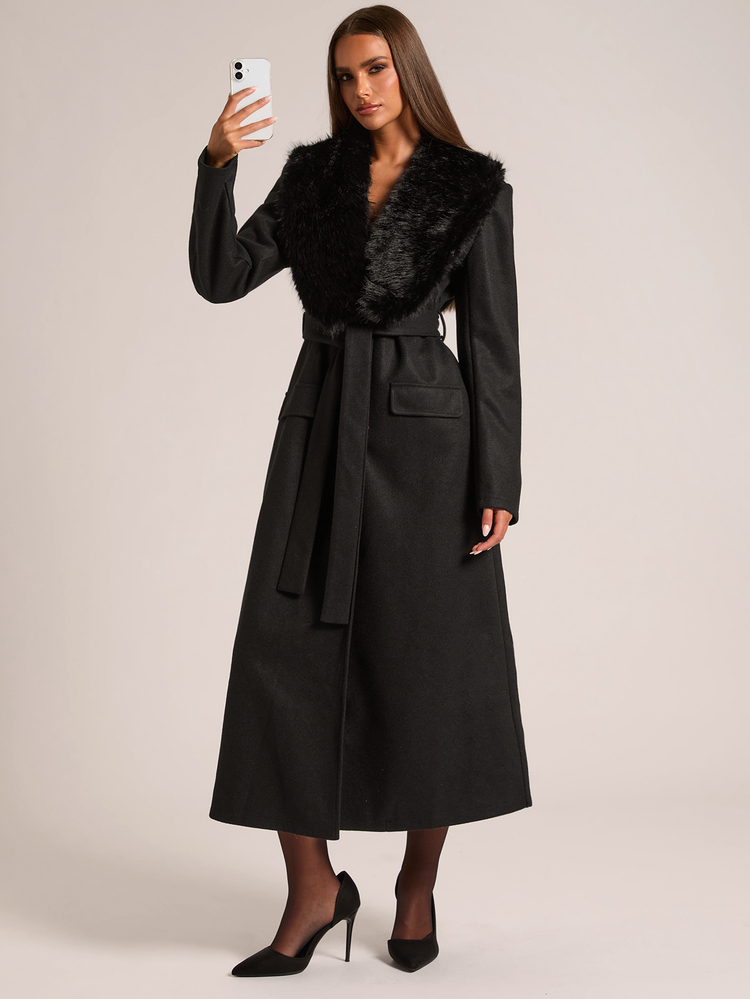 SHEIN BAE Women's Vintage Faux Fur Patchwork Collar Overcoat - Black - View 3