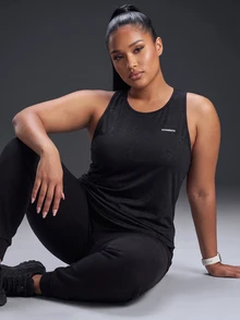 Powerista Women's Plus-Size Solid-Color Sports Fitness Racer Back Tank Top With Breathable Mesh Panel For Sports Training Suitable For Casual Wear And Running - Dark Grey - View 3