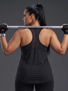 Powerista Women's Plus-Size Solid-Color Sports Fitness Racer Back Tank Top With Breathable Mesh Panel For Sports Training Suitable For Casual Wear And Running - Dark Grey - View 4