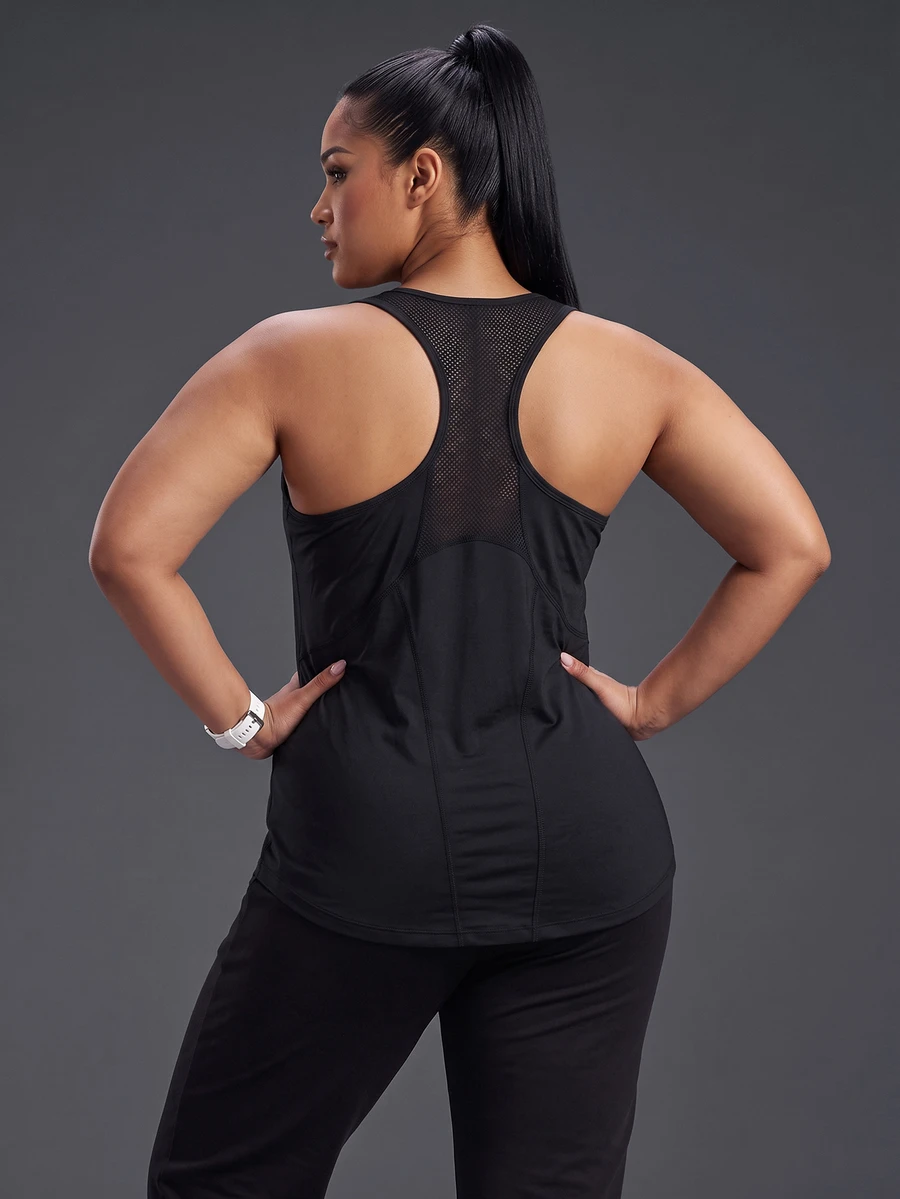 Powerista Women's Plus-Size Solid-Color Sports Fitness Racer Back Tank Top With Breathable Mesh Panel For Sports Training Suitable For Casual Wear And Running - Dark Grey - View 1