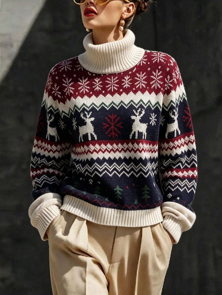 Selianne Suéter navideño de cuello alto Fair Isle para mujer, jersey de punto de manga larga con jacquard de renos y copos de nieve, top casual de invierno para Navidad - Azul - Añade 4