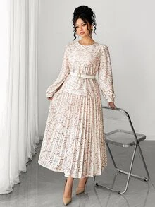 Elenzga Gaun Elegan Wanita Ukuran Besar dengan Motif Renda, Leher Bulat, Lengan Panjang, dan Hem Berlipit - Hitam - View 5