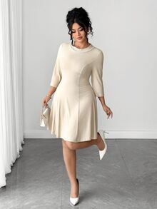 Elenzga Gaun Rajut Musim Gugur/Dingin, Potongan Ramping, Menawan, Kasual Sehari-hari, Elegan, untuk Perjalanan, Garis Leher Minimalis, Desain Manik-manik Berkilau, Ukuran Plus - Aprikot - View 4