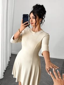 Elenzga Gaun Rajut Musim Gugur/Dingin, Potongan Ramping, Menawan, Kasual Sehari-hari, Elegan, untuk Perjalanan, Garis Leher Minimalis, Desain Manik-manik Berkilau, Ukuran Plus - Aprikot - View 3