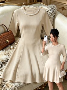 Elenzga Gaun Rajut Musim Gugur/Dingin, Potongan Ramping, Menawan, Kasual Sehari-hari, Elegan, untuk Perjalanan, Garis Leher Minimalis, Desain Manik-manik Berkilau, Ukuran Plus - Aprikot - View 2