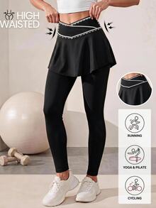 Easithlete Easithlete Women's Black Solid Color Sports Athletic Low Rise Leggings 2 In 1 Contrast Color Gym Pilates Running Autumn Gym Workout Outfits - Black - View 1
