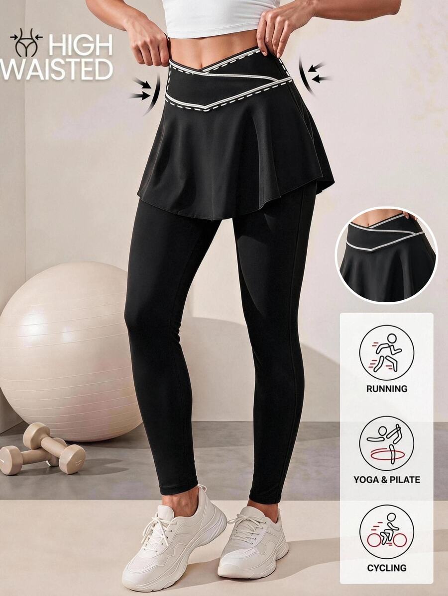 Easithlete Easithlete Women's Black Solid Color Sports Athletic Low Rise Leggings 2 In 1 Contrast Color Gym Pilates Running Autumn Gym Workout Outfits - Black - View 1