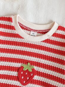 Vintaside Kids 2件組少女上衣+長褲，可愛甜美紅白條紋草莓圖案，長袖圓領，生日派對秋季羅紋款 - 紅色 - 查看 4