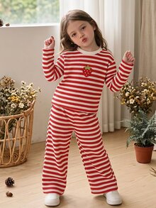 Vintaside Kids 2件組少女上衣+長褲，可愛甜美紅白條紋草莓圖案，長袖圓領，生日派對秋季羅紋款 - 紅色 - 查看 1