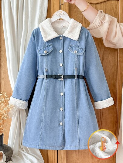 Vintaside Kids Toddler Girl Denim Dress Sweet Blue Fuzzy Sherpa Belted Button Long Sleeve Lapel Collar Thick Birthday Party Winter Fall Christmas Holiday A-Line