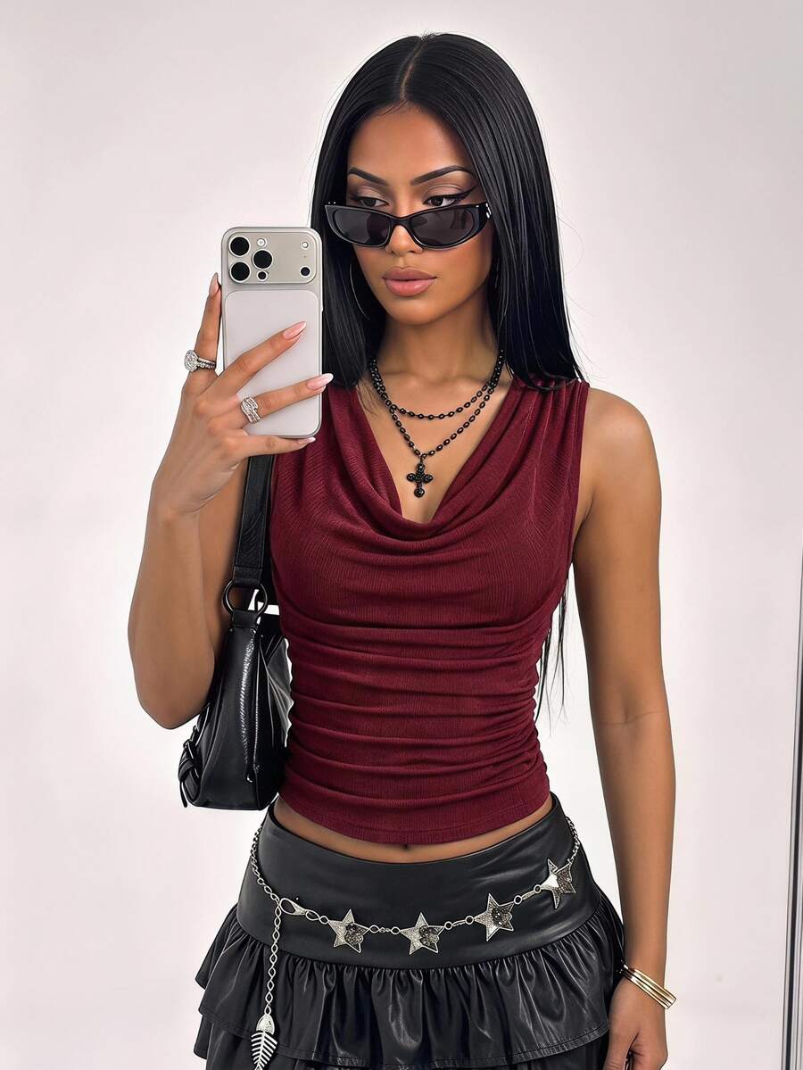 SHEIN ICON Fashionable Solid Color Ruffled Neck Shirred Slim Fit Tank Top