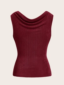 SHEIN ICON Fashionable Solid Color Ruffled Neck Shirred Slim Fit Tank Top - Burgundy - View 3