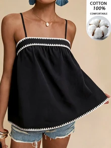 Travachic Women's Casual Vacation Shell Embroidery Contrast Color Camisole - Black - View 1