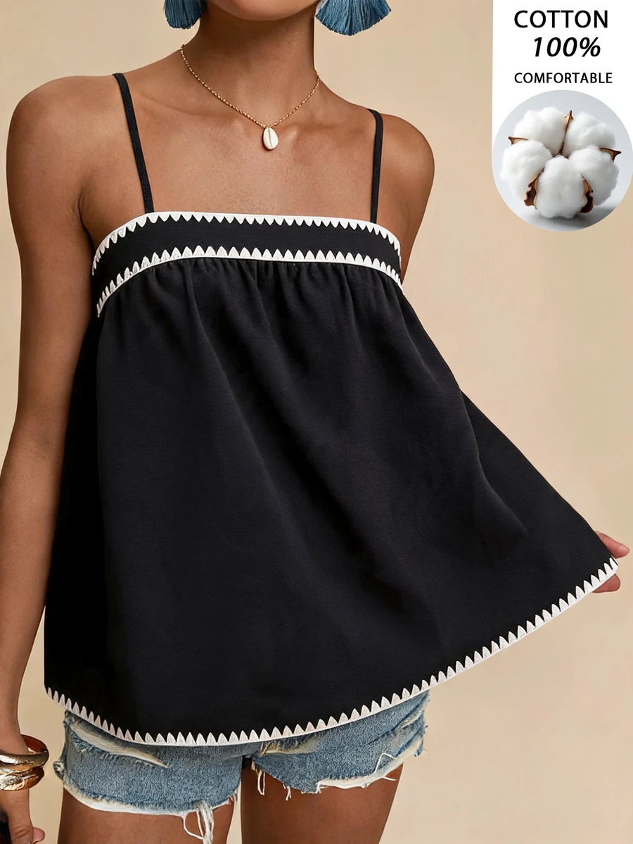 Travachic Women's Casual Vacation Shell Embroidery Contrast Color Camisole - Black - View 1