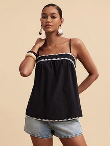 Travachic Women's Casual Vacation Shell Embroidery Contrast Color Camisole - Black - View 4