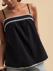 Travachic Women's Casual Vacation Shell Embroidery Contrast Color Camisole - Black - View 3
