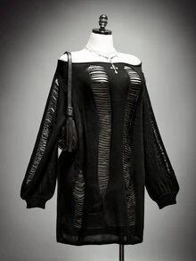 SHEIN ICON Kostum Halloween Gaya Retro Seksi Milenial Y2K Street Gothic Ukuran Plus: Avant-Garde dan Unik, Hitam, Berongga, Sobek, dan Terbuka di Bahu, Lengan Lentera. - Hitam - View 4