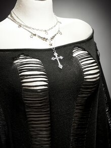 SHEIN ICON Kostum Halloween Gaya Retro Seksi Milenial Y2K Street Gothic Ukuran Plus: Avant-Garde dan Unik, Hitam, Berongga, Sobek, dan Terbuka di Bahu, Lengan Lentera. - Hitam - View 7