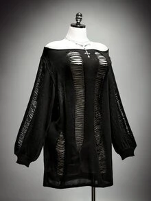 SHEIN ICON Kostum Halloween Gaya Retro Seksi Milenial Y2K Street Gothic Ukuran Plus: Avant-Garde dan Unik, Hitam, Berongga, Sobek, dan Terbuka di Bahu, Lengan Lentera. - Hitam - View 5