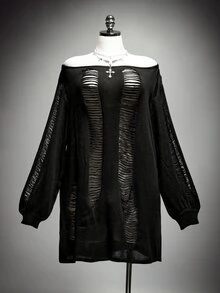 SHEIN ICON Kostum Halloween Gaya Retro Seksi Milenial Y2K Street Gothic Ukuran Plus: Avant-Garde dan Unik, Hitam, Berongga, Sobek, dan Terbuka di Bahu, Lengan Lentera. - Hitam - View 9
