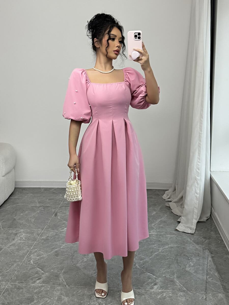 Rafferiza Vestido de mujer versátil con cuello cuadrado, mangas abullonadas, plisado y fruncido, color rosa, para primavera/verano - Rosa - Ver 1