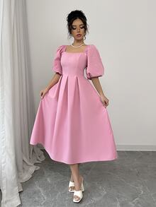 Rafferiza Vestido de mujer versátil con cuello cuadrado, mangas abullonadas, plisado y fruncido, color rosa, para primavera/verano - Rosa - Ver 4